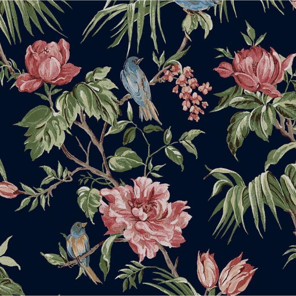 elegantny tmavomodry zaklad kvetina vtaky vzor tapeta farebny ruzovy modry zeleny hnedy vzor zamok vila vintage romanticky jedalen kaviaren salon kozmetika dekoracia.jpg